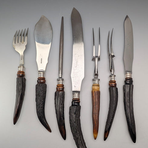 1898 年英國古董鹿角手柄 7 件套餐具套裝 William Beatson & Sons