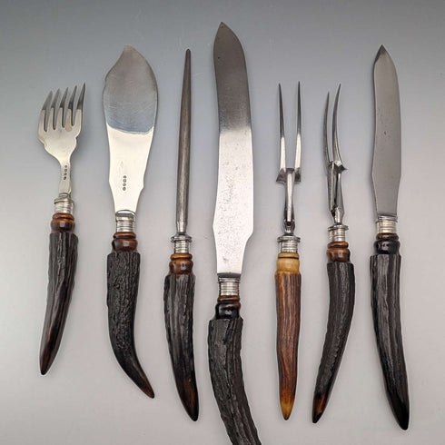 1898 年英國古董鹿角手柄 7 件套餐具套裝 William Beatson & Sons