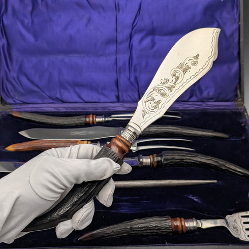 1898 年英國古董鹿角手柄 7 件套餐具套裝 William Beatson & Sons