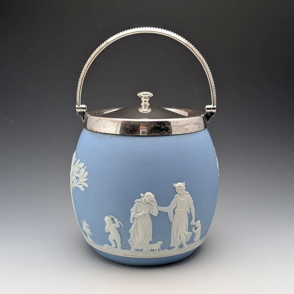 Antique British Wedgwood Biscuit Barrel Jasperware Pale Blue