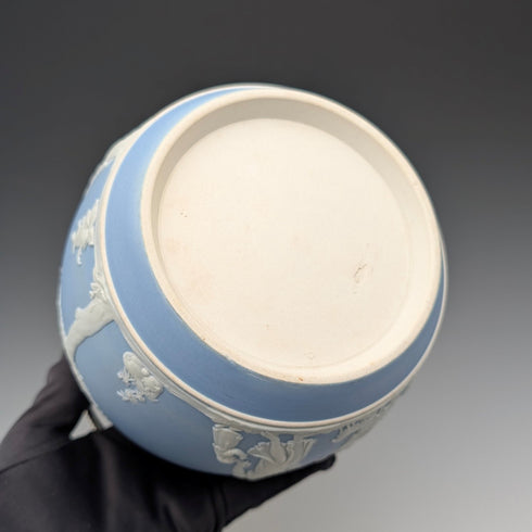 英国アンティーク ウェッジウッド ビスケットバレル ジャスパーウェア ペールブルー