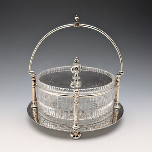 英国アンティーク シルバープレート&カットガラスインナー バターディッシュ