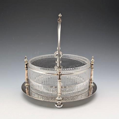 英国アンティーク シルバープレート&カットガラスインナー バターディッシュ