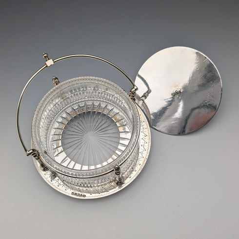 英国アンティーク シルバープレート&カットガラスインナー バターディッシュ