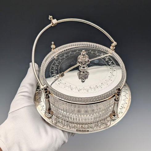 英国アンティーク シルバープレート&カットガラスインナー バターディッシュ