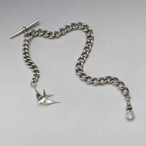 約 1900 年英國古董純銀阿爾伯特鏈,49 克,純銀燕子錶鍊