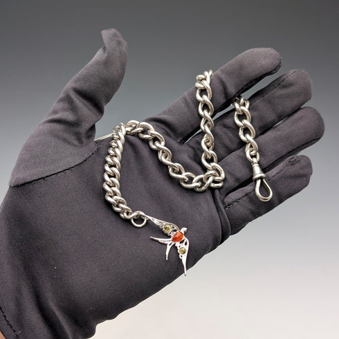 約 1900 年英國古董純銀阿爾伯特鏈,49 克,純銀燕子錶鍊