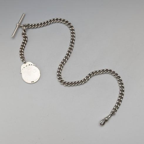 Circa 1900 British antique sterling silver Albert chain, 42g, enamel decoration, sterling silver medal fob
