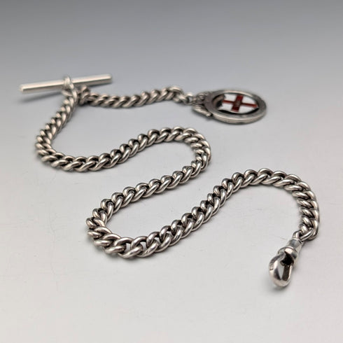 Circa 1900 British antique sterling silver Albert chain, 42g, enamel decoration, sterling silver medal fob