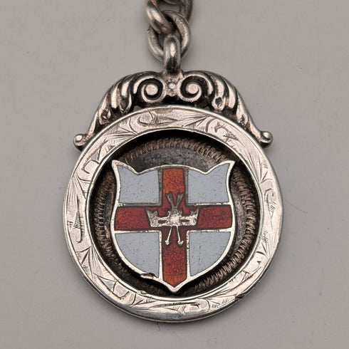 Circa 1900 British antique sterling silver Albert chain, 42g, enamel decoration, sterling silver medal fob