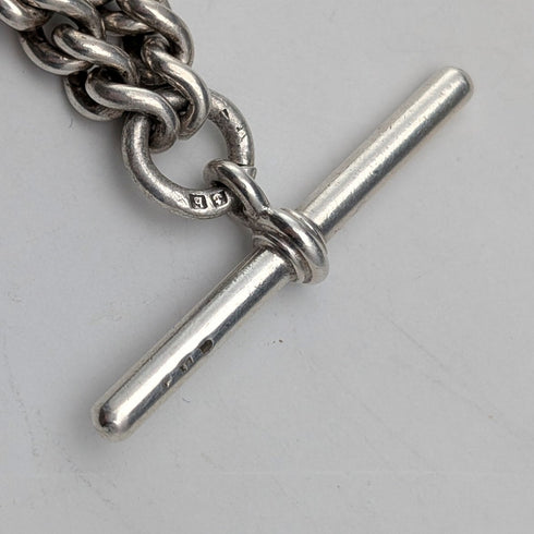 Circa 1900 British antique sterling silver Albert chain, 42g, enamel decoration, sterling silver medal fob