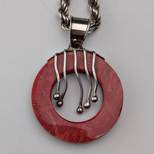 復古紅珊瑚和純銀吊墜,搭配純銀項鍊