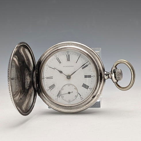 古董浪琴懷錶,約 1904 年,新藝術風格雕刻,銀色側面獵錶殼,運作良好