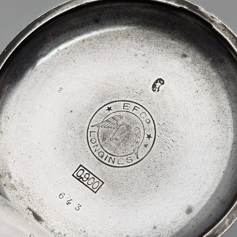 古董浪琴懷錶,約 1904 年,新藝術風格雕刻,銀色側面獵錶殼,運作良好