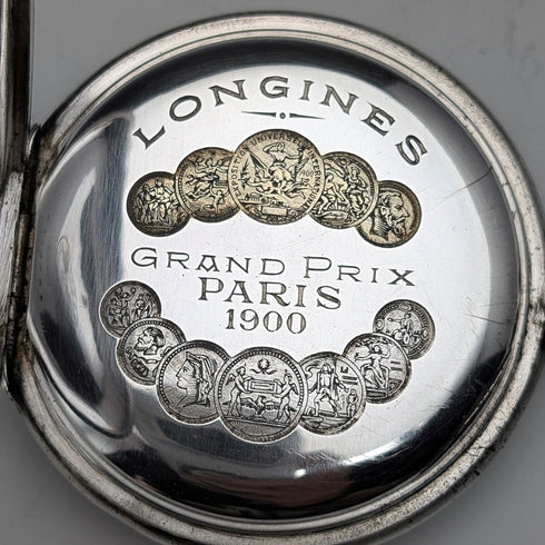 古董浪琴懷錶,約 1904 年,新藝術風格雕刻,銀色側面獵錶殼,運作良好