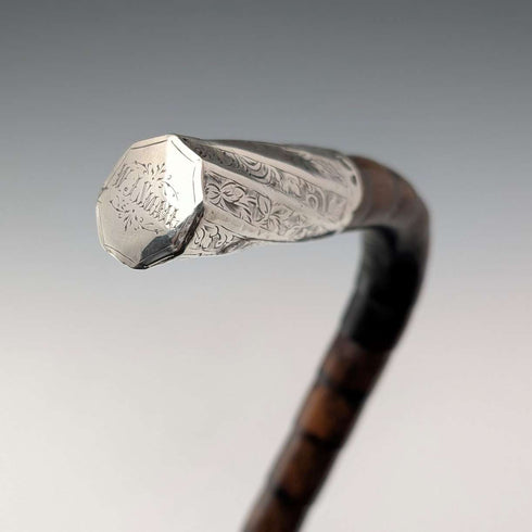1906年英國古董手杖,92厘米,棕色手柄,L形手柄,純銀裝飾,托馬斯戴維斯設計