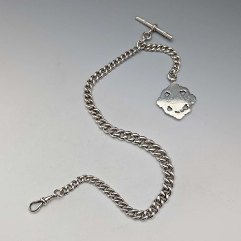 Circa 1890 British antique sterling silver Albert chain, 65g sterling silver medal fob