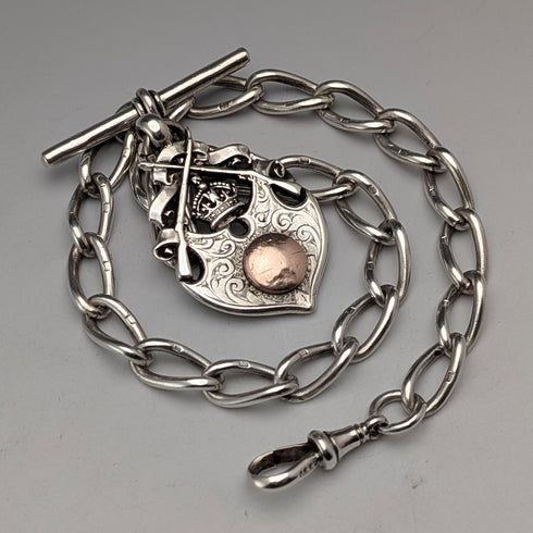 Circa 1900 British antique sterling silver Albert chain, 52g, sterling silver medal fob
