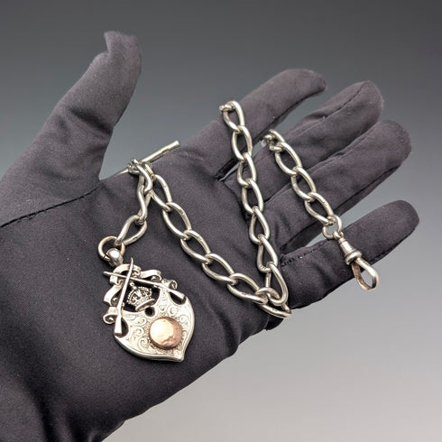Circa 1900 British antique sterling silver Albert chain, 52g, sterling silver medal fob