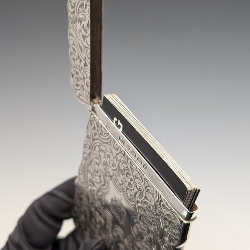 1871 British antique sterling silver card case, 67g, boxed, excellent condition, Robert Thornton