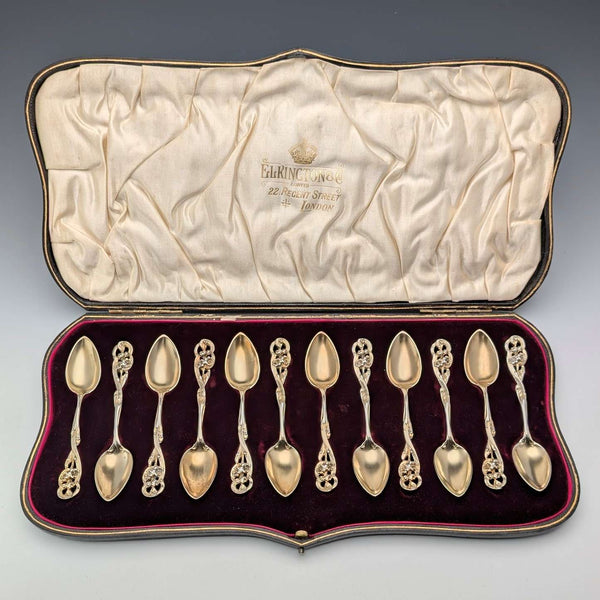 1900 British antique gold plated sterling silver tea spoons set of 12, total 218g, case included, George Bedingham