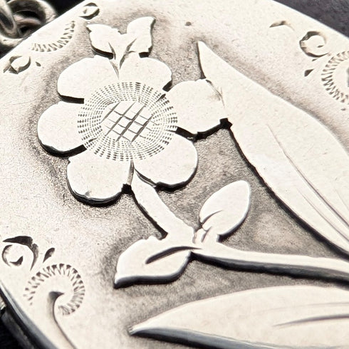 1908 British antique sterling silver flower locket pendant with sterling silver necklace, 7.8g in total, Sheldon Brothers