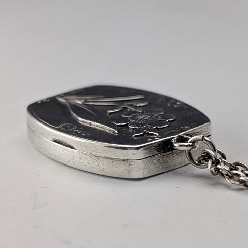 1908 British antique sterling silver flower locket pendant with sterling silver necklace, 7.8g in total, Sheldon Brothers
