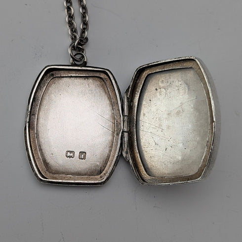 1908 British antique sterling silver flower locket pendant with sterling silver necklace, 7.8g in total, Sheldon Brothers