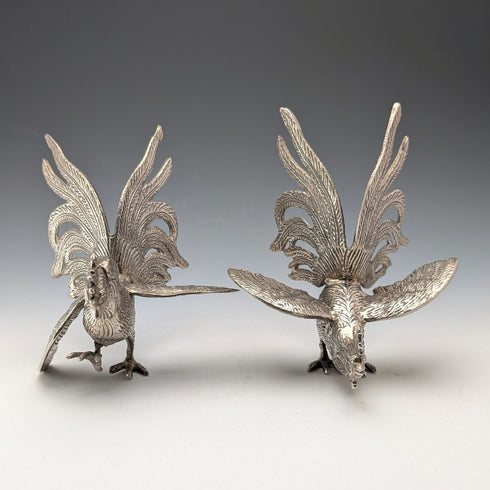 Pair of vintage pewter fighting cock figurines