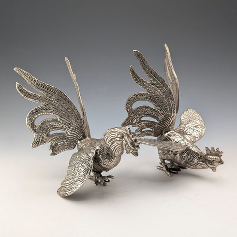 Pair of vintage pewter fighting cock figurines