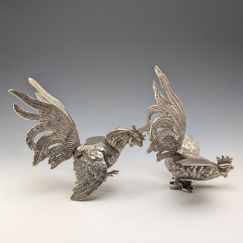 Pair of vintage pewter fighting cock figurines