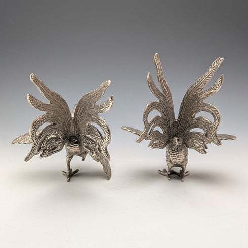 Pair of vintage pewter fighting cock figurines
