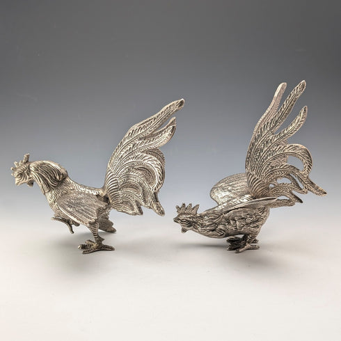 Pair of vintage pewter fighting cock figurines