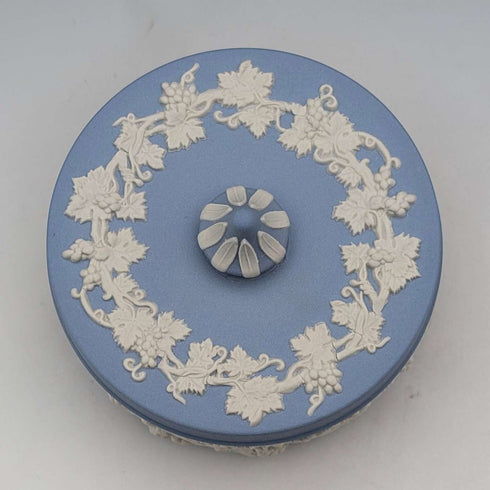 Vintage British Wedgwood Jasperware Round Box for Small Items, Pale Blue