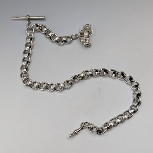 Circa 1900 British Antique Fancy Link Sterling Silver Albert Chain 53g Carriage Fob