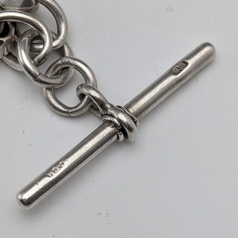 Circa 1900 British Antique Fancy Link Sterling Silver Albert Chain 53g Carriage Fob