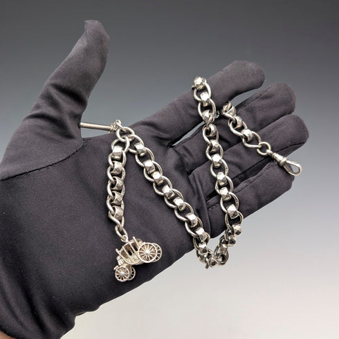 Circa 1900 British Antique Fancy Link Sterling Silver Albert Chain 53g Carriage Fob
