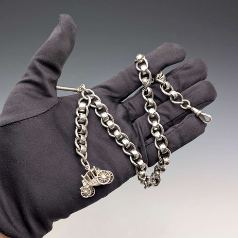 Circa 1900 British Antique Fancy Link Sterling Silver Albert Chain 53g Carriage Fob