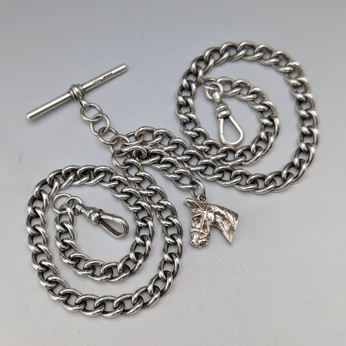 約 1900 年英國古董純銀雙阿爾伯特鏈 54 克馬頭鏈