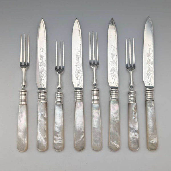 Late 19th Century British Antique Mother of Pearl Handle Tea Cutlery Pair of 4 Mappin & Webb