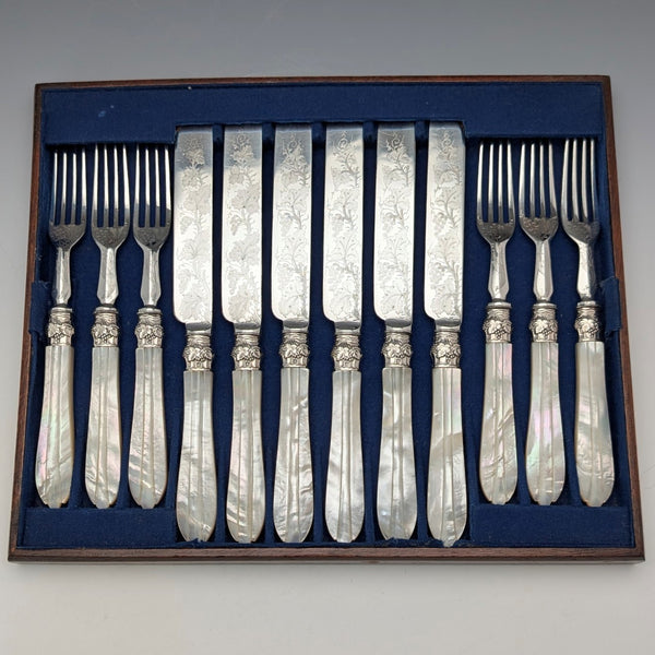 Circa 1875 British antique white mother-of-pearl handle dessert cutlery, 6 pairs, with tray