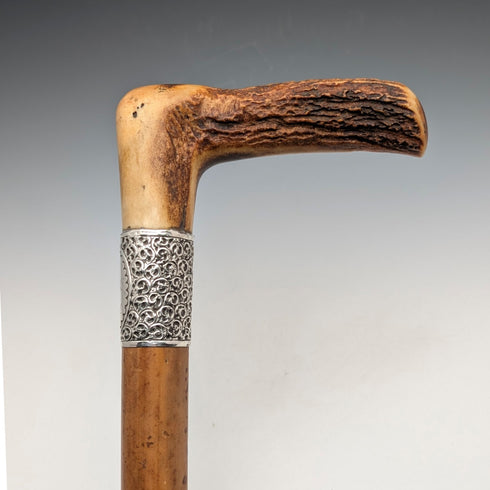 1901年英國古董馬六甲桿 L 型鹿角柄純銀裝飾手杖 88 公分亨利·豪威爾