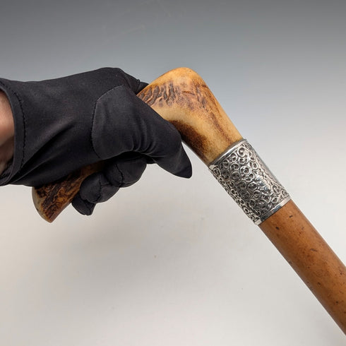1901年英國古董馬六甲桿 L 型鹿角柄純銀裝飾手杖 88 公分亨利·豪威爾
