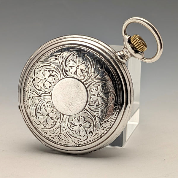 約 1908 年古董浪琴懷錶,帶有花卉雕刻,銀色側面獵人錶殼,工作狀態良好