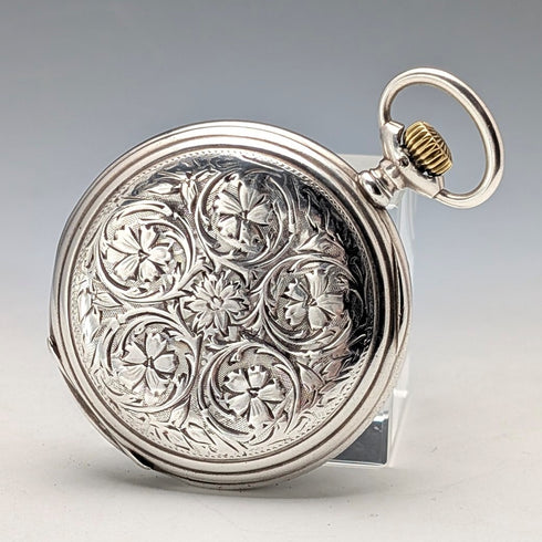 Circa 1908 Antique Longines Pocket Watch with Floral Engravings, Silver Side Hunter Case, Good Working Condition