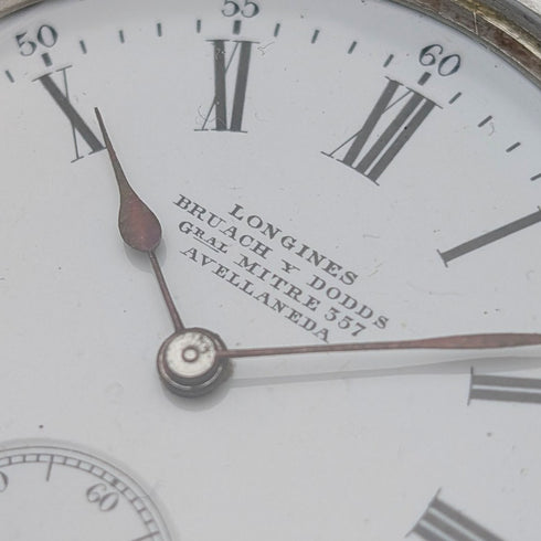 Circa 1908 Antique Longines Pocket Watch with Floral Engravings, Silver Side Hunter Case, Good Working Condition