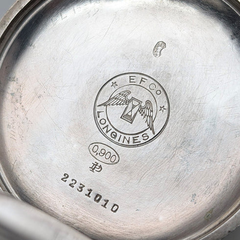 Circa 1908 Antique Longines Pocket Watch with Floral Engravings, Silver Side Hunter Case, Good Working Condition