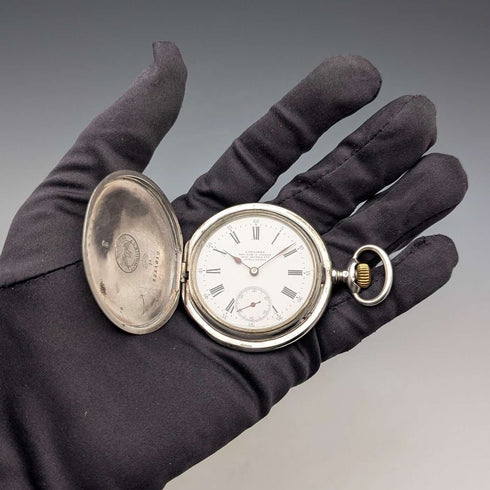 約 1908 年古董浪琴懷錶,帶有花卉雕刻,銀色側面獵人錶殼,工作狀態良好