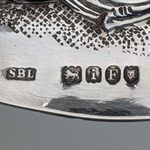 1904 British antique sterling silver large spoon with relief decoration by Samuel Boyce