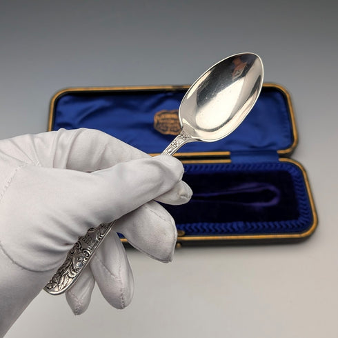 1909 British antique sterling silver Christening spoon by John Round & Son, in case